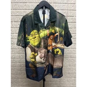DreamWorks Shrek Donkey Puss in Boots Graphic Button Down Shirt Mens Large NEW